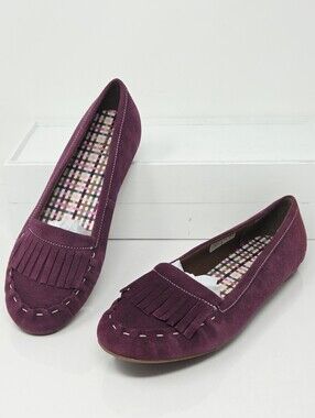 Lands' End Women's 8 Purple Suede Moccasin Flats Leather Fringe Tassel Slip On